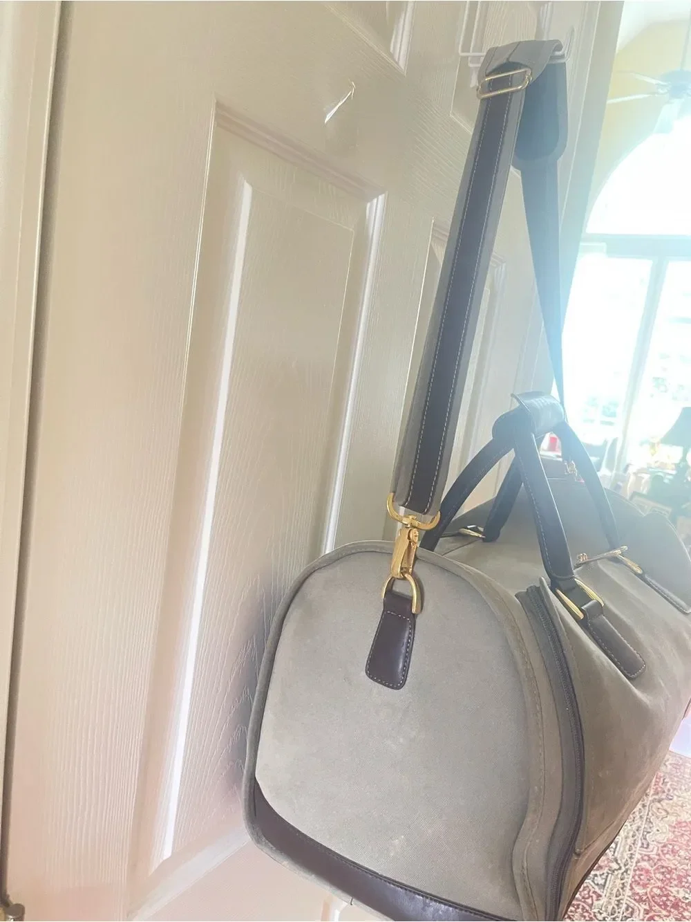 Diane Von Furstenberg  olive Green Fabric canvas duffel bag brown leather straps